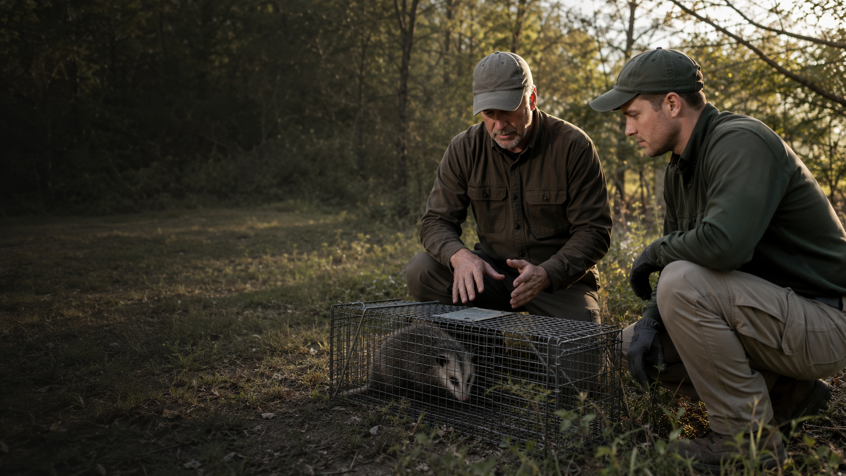 Wildlife control instructor and trainee learning humane field practices