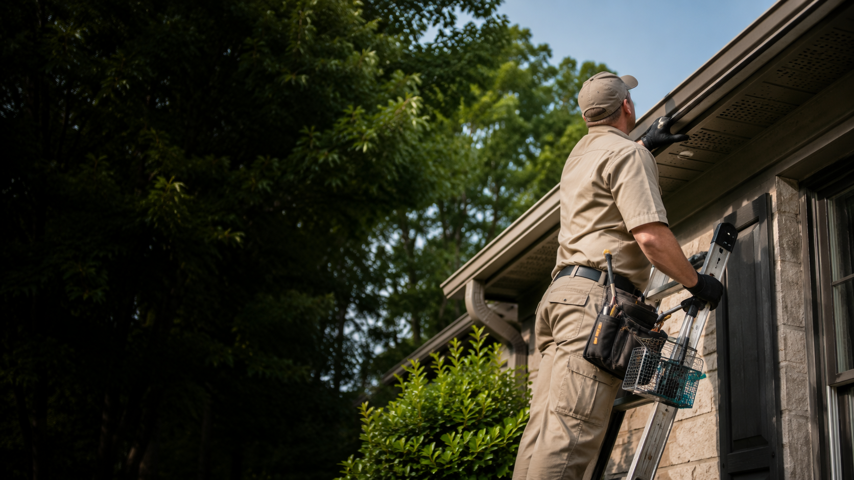 Wildlife control professional inspecting the roofline of a Kentucky home