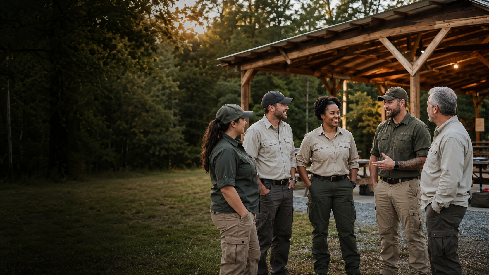 Kentucky wildlife professionals sharing knowledge at an outdoor training pavilion